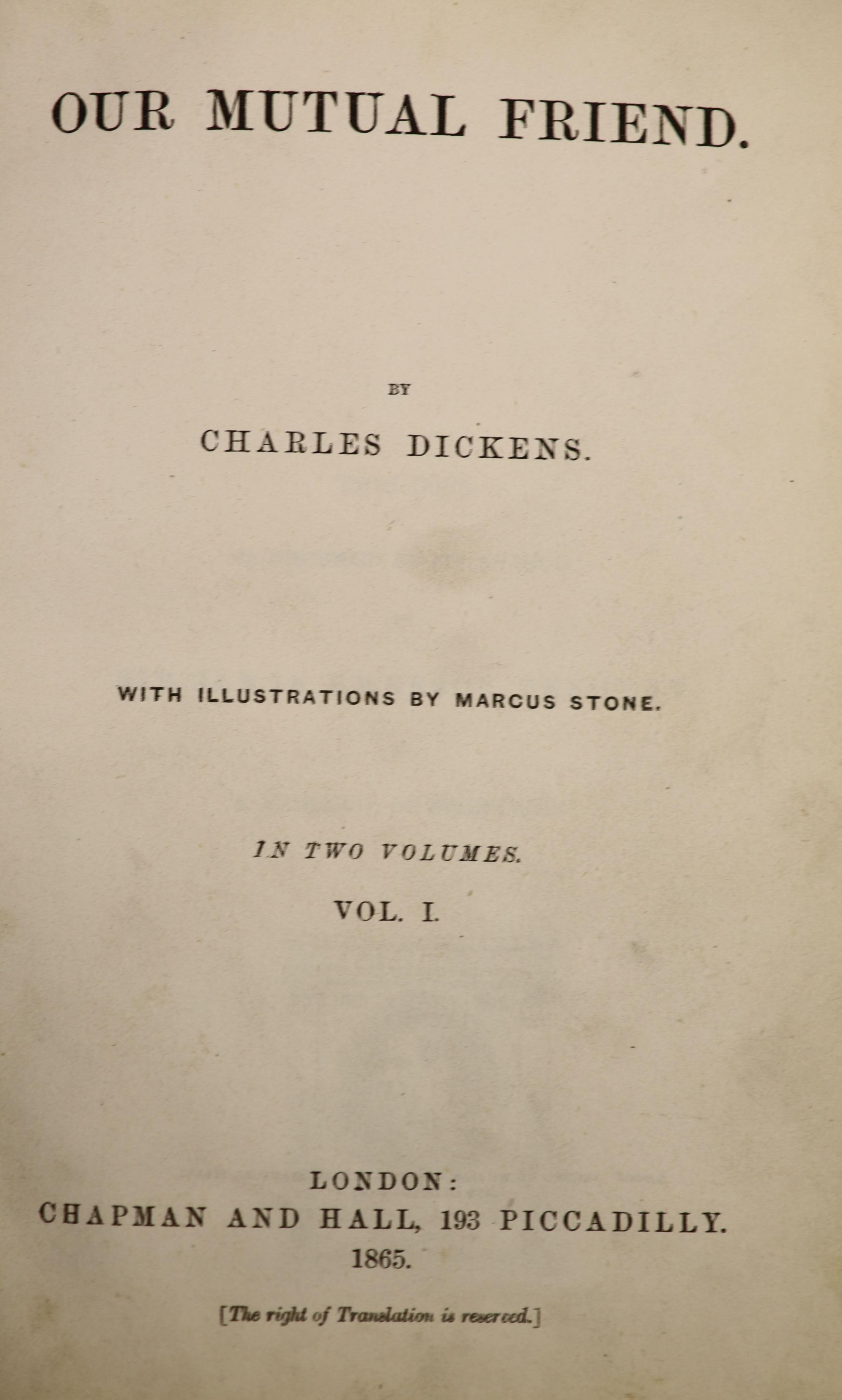 Dickens, Charles. Five Novels - first / early editions, viz, Bleak House, Dombey and Son, Nicholas Nickleby, Our Mutual Friend, Pickwick Papers, half leather bindings (Dombey binder's cloth), most plates present (but sta